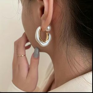 🤍Ivory White &Gold Resin Pearl Hoop Earrings 🤍